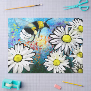 Whimsical Bumble Bee Daisies Bloemen Blauw Wit Tissuepapier