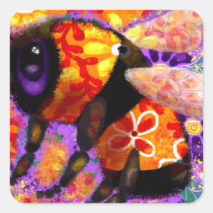 Whimsical Bumble Bee Floral Sinaasappel Rood Geel Vierkante Sticker