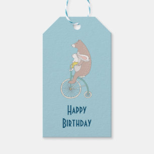 Whimsical Bunny and Beer Riding Together Verjaarda Cadeaulabel