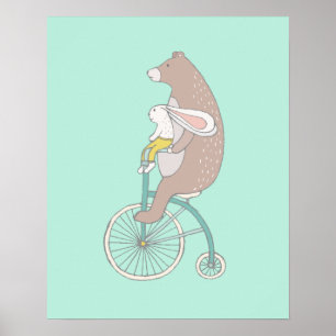 Whimsical Bunny en Beer Riding a Bike Poster