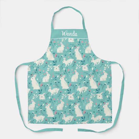 Whimsical Bunny Rabbit Blauwgroen Bloemen Hart Ont Schort (Voorkant)