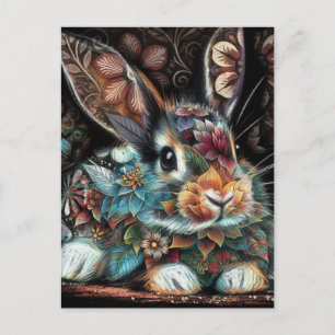 Whimsical Bunny Rabbit Floral Abstract Zwart Blauw Briefkaart
