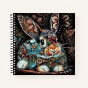 Whimsical Bunny Rabbit Floral Abstract Zwart Blauw Notitieboek