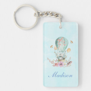 Whimsical Bunny Riding in een luchtballon Sleutelhanger
