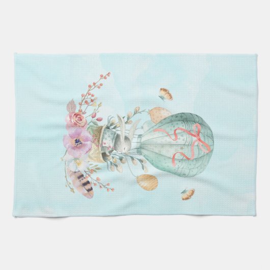 Whimsical Bunny Riding in een luchtballon Theedoek (Horizontaal)