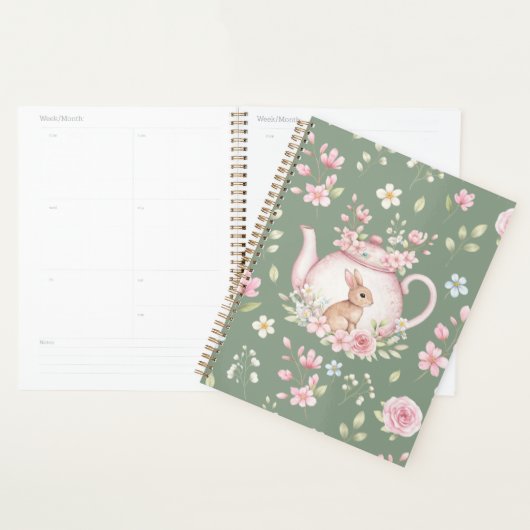 Whimsical Bunny Teapot Floral Spring Notebook Planner (Display)