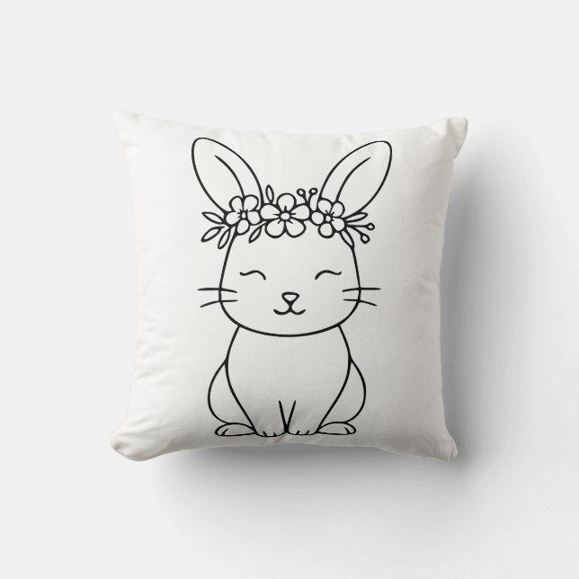Whimsical Bunny with Floral Crown Line Art  Kussen (Voorkant)