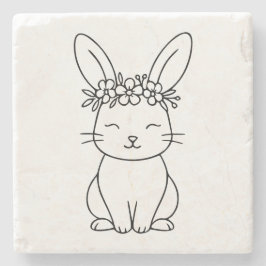 Whimsical Bunny with Floral Crown Line Art  Stenen Onderzetter