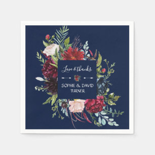 Whimsical Burgundy Blush Flowers Navy Blue Wedding Servet