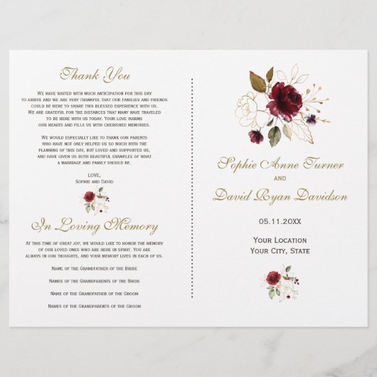 Whimsical Burgundy Gold Flowers Wedding Programme (Voorkant)