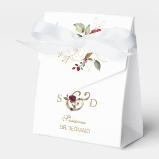 Whimsical Burgundy Gouden Bloemen Monogram Bruilof Bedankdoosjes