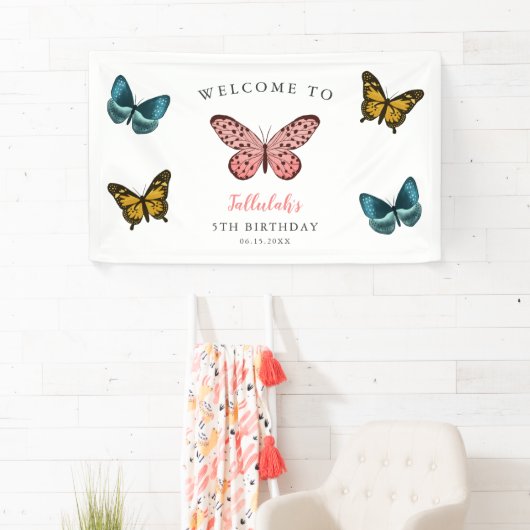 Whimsical Butterflies Birthday Party Welcome Spandoek (Insitu)