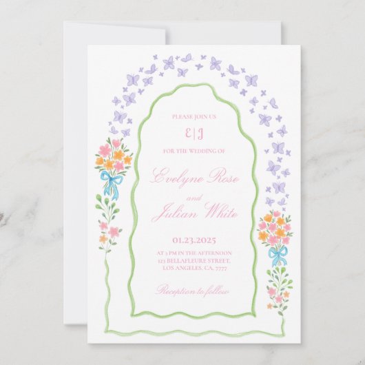 Whimsical Butterfly and Floral Wedding Invitation Kaart (Voorkant)