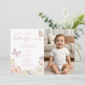 Whimsical Butterfly Garden Eerste Verjaardag Foto Kaart (Staand voorkant)