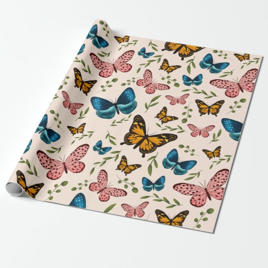 Whimsical Butterfly Pattern met Green Leaves Cadeaupapier (Uitgerold)