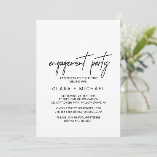 Whimsical Calligraphy Engagement Party Kaart (Staand voorkant)