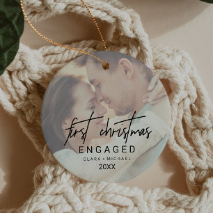 Whimsical Calligraphy Faded Photo Engaged Keramisch Ornament