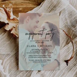 Whimsical Calligraphy Faded Photo Engagement Party Kaart
