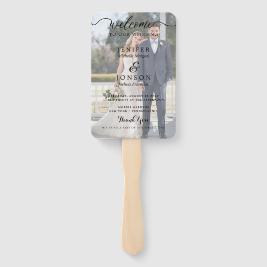 Whimsical Calligraphy Faded Photo Wedding Program Handwaaier (Achterkant)