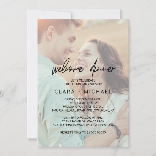 Whimsical Calligraphy Faded Photo Welcome Dinner Kaart (Voorkant)