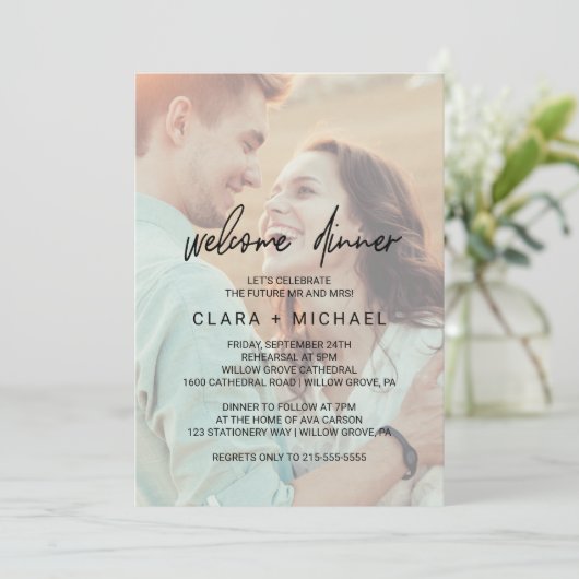 Whimsical Calligraphy Faded Photo Welcome Dinner Kaart (Staand voorkant)