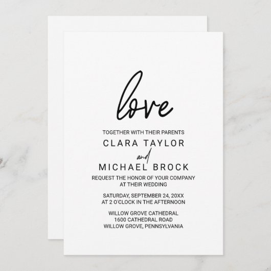 Whimsical Calligraphy Love Wedding Kaart (Voorkant / Achterkant)