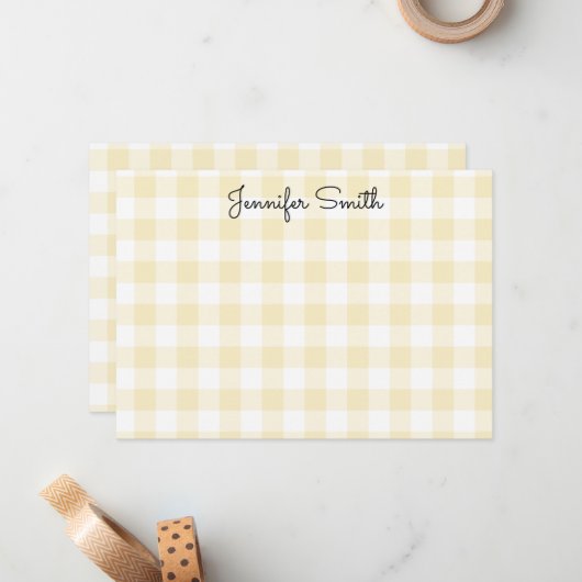Whimsical Calligraphy Pastel Lemon Yellow Gingham Notitiekaartje (Voorkant / Achterkant in situ)
