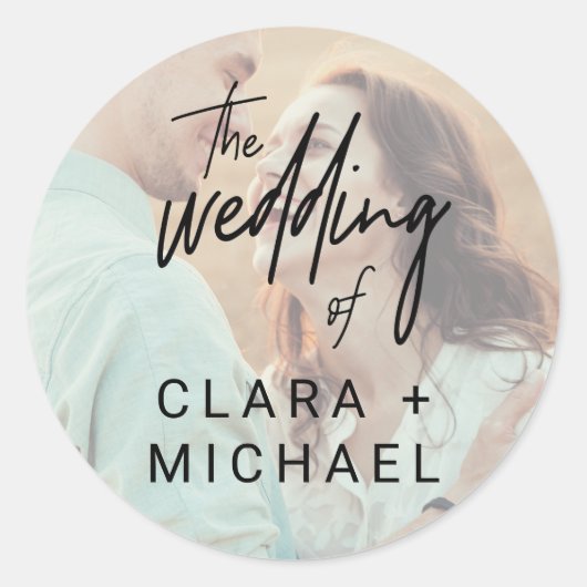 Whimsical Calligraphy Photo Wedding Envelope Seals Ronde Sticker (Voorkant)