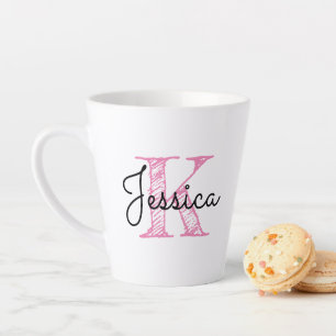 Whimsical Calligraphy Pink and Black Monogram Latte Mok