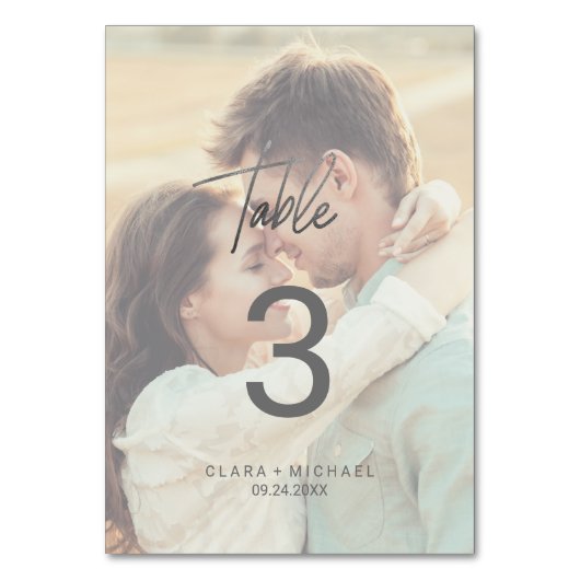 Whimsical Calligraphy Silver Photo Table Number Kaart (Achterkant)