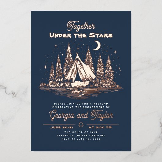 Whimsical Camping Under the Stars Engagement Party Folie Uitnodiging (Voorkant)