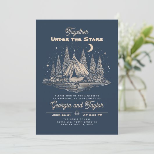 Whimsical Camping Under the Stars Engagement Party Kaart (Staand voorkant)