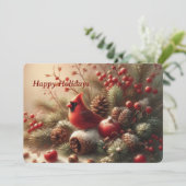 Whimsical Cardinal & Winter Berries Kerstkaart (Staand voorkant)