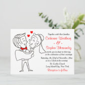 Whimsical Cartoon Bride & Groom Red, White Wedding Kaart (Staand voorkant)