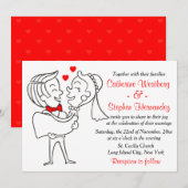 Whimsical Cartoon Bride & Groom Red, White Wedding Kaart (Voorkant / Achterkant)