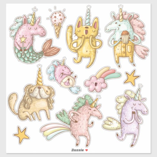 Whimsical Cartoon Doodle Eenhoorns Illustraties Sticker (Vel)