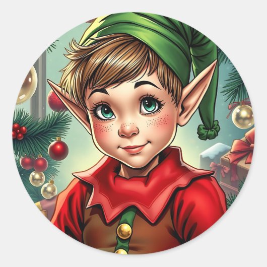 Whimsical Cartoon Elf | Christmas Ronde Sticker (Voorkant)