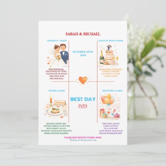 Whimsical Cartoon Icons Wedding Timeline Program Programma (Staand voorkant)