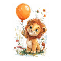 Whimsical Cartoon Lion Cub Holding Ballon Digitaal