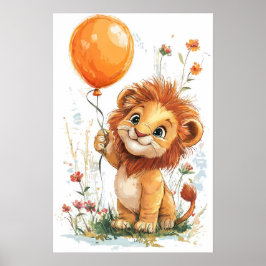 Whimsical Cartoon Lion Cub Holding Ballon Digitaal Poster