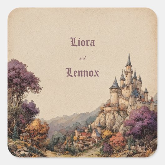 Whimsical Castle Crest Wedding Vierkante Sticker (Voorkant)