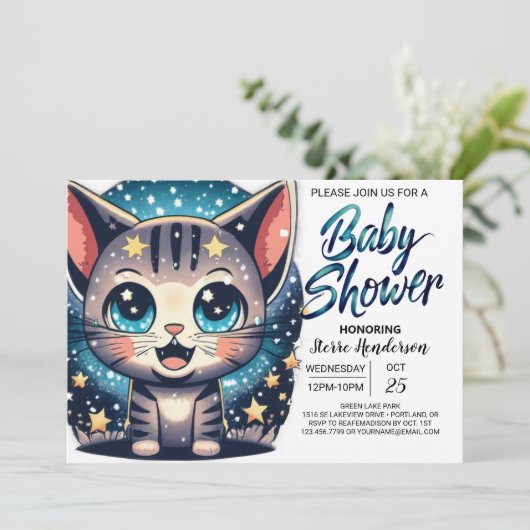 Whimsical Cat Editable Boy-Baby shower Kaart (Staand voorkant)