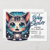 Whimsical Cat Editable Boy-Baby shower Kaart (Voorkant / Achterkant)