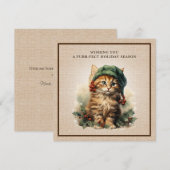 Whimsical Cat Elf Pet Holly Berries Burlap Feestdagenkaart (Voorkant / Achterkant)