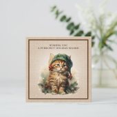 Whimsical Cat Elf Pet Holly Berries Burlap Feestdagenkaart (Staand voorkant)