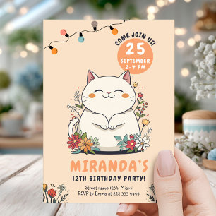 Whimsical Cat Floral Pastel verjaardag Kaart