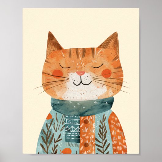 Whimsical Cat Illustration Waterverf Kwekerij Poster (Voorkant)