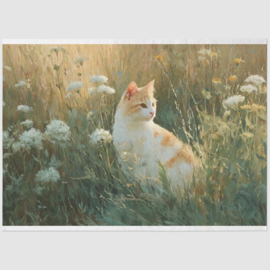 Whimsical Cat in een Wildflower Field Decoupage Tissuepapier (Voorkant)