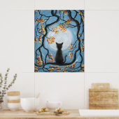 Whimsical Cat in Tree Full Moon Painting Poster (Keuken)