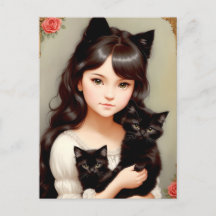 Whimsical Cat Lady - schilderen. Briefkaart